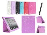 Kit Me Out US PU Leather Book Case + Black Resistive / Capacitive Stylus Pen for Apple iPad 2 / 3 / 4 Tablet (All Versions) - Light Purple / Lilac Sparking Gl