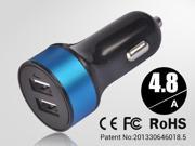 Blue Mini 4.8A Dual USB port universal car charger for mobile phone /digital camera / pc tablet PDA