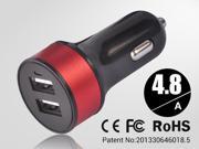 Red Mini 4.8A Dual USB port universal car charger for mobile phone /digital camera / pc tablet PDA