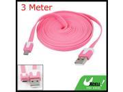 Pink 3 Meter USB Type A to Micro 5 Pin USB Data Cable for HTC