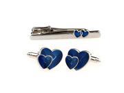 Romantic Double Blue Heart Pattern Cufflilnks and Tie Clip Set
