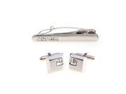 Classic White Square Crystal Silver Cufflilnks and Tie Clip Set