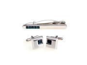Classic Blue Square Crystal Silver Cufflilnks and Tie Clip Set