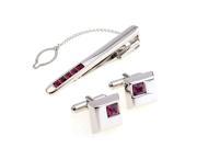Classic Red Wine Square Crystal Silver Cufflilnks and Tie Clip Set