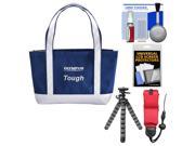 Olympus Mini Beach Bag Tough Digital Camera Case / Tote Bag (Navy/White) with Flex Tripod + Float Strap + Kit