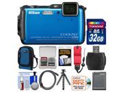 Nikon Coolpix AW120 Shock & Waterproof Wi-Fi GPS Digital Camera (Blue) with 32GB Card + Case + Battery + Flex Tripod + Float Strap + Kit