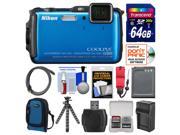 Nikon Coolpix AW120 Shock & Waterproof Wi-Fi GPS Digital Camera (Blue) with 64GB Card + Case + Battery/Charger + Flex Tripod + Float Strap + Kit