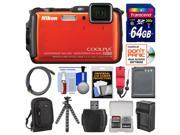Nikon Coolpix AW120 Shock & Waterproof Wi-Fi GPS Digital Camera (Orange) with 64GB Card + Case + Battery/Charger + Flex Tripod + Float Strap + Kit