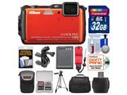 Nikon Coolpix AW120 Shock & Waterproof Wi-Fi GPS Digital Camera (Orange) with 32GB Card + Cases + Battery + Tripod + Strap + Handlebar & Helmet Mount Kit
