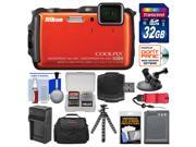 Nikon Coolpix AW120 Shock & Waterproof Wi-Fi GPS Digital Camera (Orange) with 32GB Card + Case + Battery + Tripod + Strap + Suction Cup & Car Dashboard Mount Ki