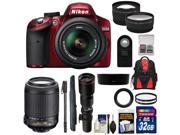 Nikon D3200 Digital SLR Camera & 18-55mm G VR DX AF-S Zoom Lens (Red) with 55-200mm VR & 500mm Tele Lens + 32GB Card + Monopod + Backpack + 2 Lens Kit