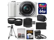 Sony Alpha A5000 Wi-Fi Digital Camera & 16-50mm Lens (White) with 64GB Card + Case + Battery + Tripod + Tele/Wide Lenses + 3 Filters Kit