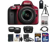 Nikon D3300 Digital SLR Camera & 18-55mm G VR DX II AF-S Zoom Lens (Red) with 32GB Card + Battery + Case + Tripod + Tele/Wide Lens Kit