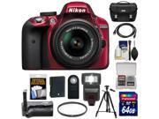 Nikon D3300 Digital SLR Camera & 18-55mm G VR DX II AF-S Zoom Lens (Red) with 64GB Card + Battery + Case + Grip + Flash + Tripod + Kit