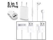 5 in 1 EU Plug Travel Charger Adapter Car USB Charger EarPods Charger Sync Cable x 2pcs Combo Kit for iPhone 5 iPhone 4 4S 3GS 3G iPod touch 5