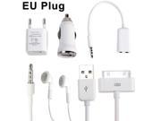 5 in 1 EU Plug Home Charger Car Charger USB Cable Audio Splitter Stereo Headset Travel Kit for iPhone 4 4S iPhone 3GS 3G iPod Touch