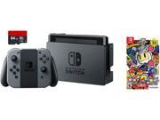 Nintendo Swtich 3 items Game Bundle Nintendo Switch 32GB Console Gray Joy con 64GB Micro SD Memory Card and Super Bomberman R Game Disc