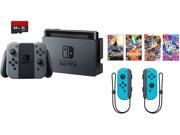 Nintendo Swtich 7 items Bundle Nintendo Switch 32GB Console Gray Joy con 64GB SD Card and Nintendo Controllers Neon Blue 4 Game Disc1 2 Switch Just Dance2017 Th