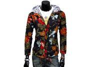 Kmfeil Men Multicoloured Slim Single-breasted Hoodies Plants Pattern Jacket
