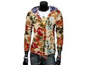 Kmfeil Men Multicoloured Slim Single-breasted Hoodies Plants Pattern Jacket