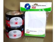 New 100 HP Blank DVD R Logo 16X 4.7GB 50pkx2 Media Disc 100 White Paper Sleeves