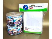 New 100 PHILIPS DVD R Logo 16X 4.7GB Media Disc 2x50pk 100 White Paper Sleeves !