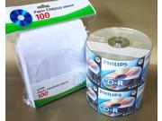 100 PHILIPS Blank CD R CDR Logo Top 52X 700MB Media Disc 100 Paper Sleeves !