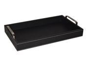 Home Decorative Black Faux Leather Tray with Side Chrome Handles And Threaded Trim