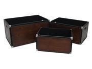Home Dark Natural Wood Storage Crates with Faux Threaded Leather Chrome Accents And Side Handles Set of 3