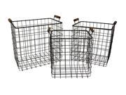 Home Decorative Tall Dark Gray Metal Wire Baskets with Wooden Side Handles Set of 3