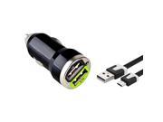 eForCity Black Dual USB Mini Car Charger Adapter with FREE Black Micro USB 2 in 1 Noodle Cable