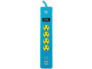 GE 25117 Uber TM 4 Outlet Power Strip with 2 USB Ports 4ft Cord Blue Yellow
