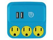 GE 25114 Uber TM 3 Outlet Power Tap with 2 USB Ports Blue Yellow