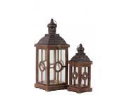 BENZARA BRU 1135404 Intricate Lamp Post Design Wooden Lantern Set of Two in Rustic Antique Finish