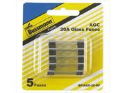 BUSSMANN BPAGC20RP 20 Amp Fast Acting Glass Tube Fuses 0.25 x 1.25 In. Pack 5