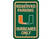 Fremont Die 50238 Miami Hurricanes 12 in. X 18 in. Plastic Parking Sign
