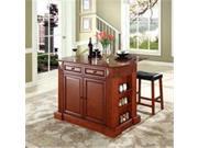Crosley Furniture KF300074CH Drop Leaf Breakfast Bar Top Kitchen Island in Cherry Finish with 24 in. Cherry Upholstered Saddle Stools