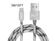 iRun Extra Long 10ft 3m Fabric USB C to USB2.0 Male Data Charging Cable w Aluminum Connector for Apple Macbook 12 Inch LG G5 Nexus 5X 6P Lumia 950 Galaxy