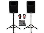 Podium Pro PP1503A Powered 15 PA DJ Speaker Pair with 6 Channel Mixer Stands and Cables