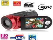 HDV V9 Red 5.1 Mega Pixels 8X Zoom Digital Video Camera with 2.7 inch TFT LCD Screen TV OUT USB SD Interface Fuction 270 degree rotation Max pixels 12