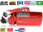 HD5000A Red HD 720P 5 Mega Pixels 16X Zoom Digital Video Camera with 3.0 inch TFT LCD Screen 270 degree rotation Support TV OUT USB SD Interface Max pi