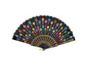 Unique Bargains Embroidered Floral Cloth Folding Hand Fan Colored Black