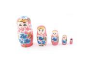 Unique Bargains Wooden Russian Girl Painted Craft Gift Nesting Matryoshka Doll Pink 5 in 1