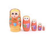 Unique Bargains Russian Babushka Flowers Painted Nesting Matryoshka Doll Orange 5 in 1