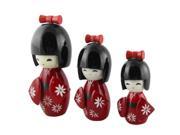 Black Hair Red Japanese Kimono Girl Kokeshi Doll Toy 3 Pcs