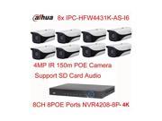 Dahua 8CH 8 POE NVR4208 8P 4K IPC HFW4431K AS I6 4MP POE IR IP67 Bullet IP Camera 6mm Lens
