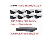 Dahua 8CH 8POE NVR4208 8P 8Pcs IP HFW4431K AS I6 4MP Support POE IR Face Detect IP Camera 6mm Lens