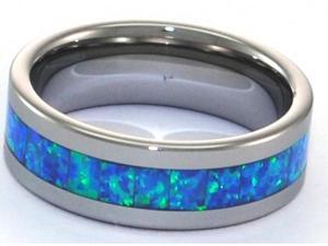 8mm Precious Opal Tungsten Carbide Ring with Blue Inlays 8mm Precious Opal Tungsten Carbide Ring with Blue Inlays