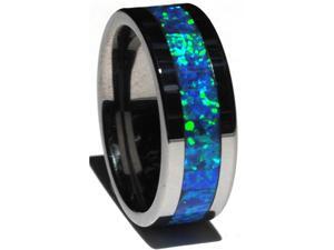 8mm Precious Opal Tungsten Carbide Ring with Blue Inlays 8mm Precious Opal Tungsten Carbide Ring with Blue Inlays