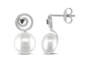 Black Diamond & 9 - 9.5 MM White Freshwater Pearl Ear Pin Earrings Silver Black Diamond & 9 - 9.5 MM White Freshwater Pearl Ear Pin Earrings Silver